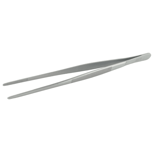 Anatomische Pinzette:
stumpf, mit Rillen.
Sie eignet sich gut um beispielsweise Tupfer zu fassen.
