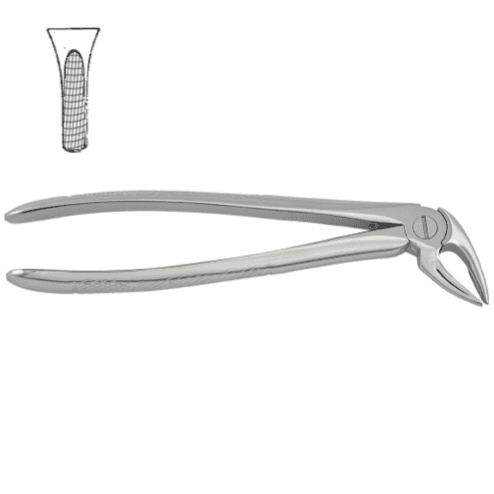 Die Zangen für den Unterkiefer werden auch als Rabenschnabelzangen bezeichnet.
Sie sind im rechten Winkel über die Kante gebogen und können für den 3. und für den 4. Quadranten genutzt werden.