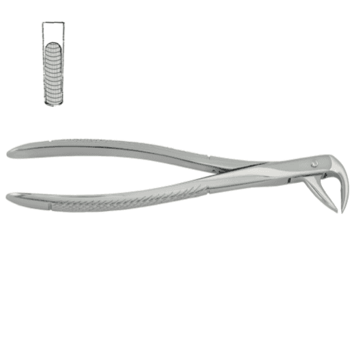 UK - Prämolarenzange:
über die Kante gebogen, leicht offenes Maul, runde Branchenenden.