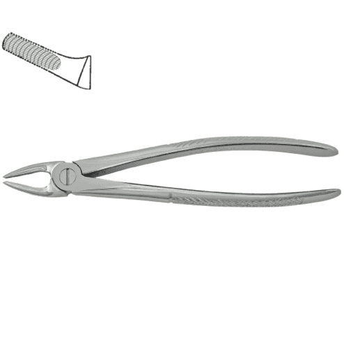 OK - Prämolarenzange:
gebogene Zange, leicht geöffnetes Maul, runde Branchen.