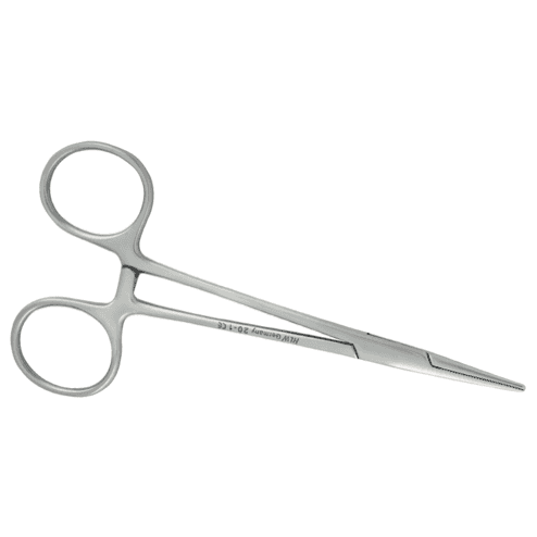 Chirurgische Arterienklemme:
mit einer Arretierung (kann festgestellt werden).
Es können beispielsweise blutende Gefäße abgeklemmt und gehalten werden.